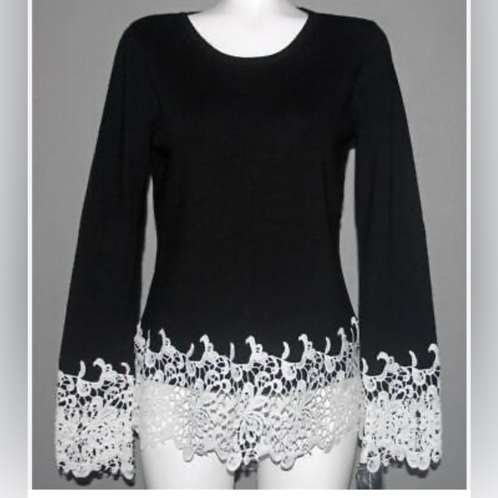 INC International Concepts Black and White Lace Trim Top